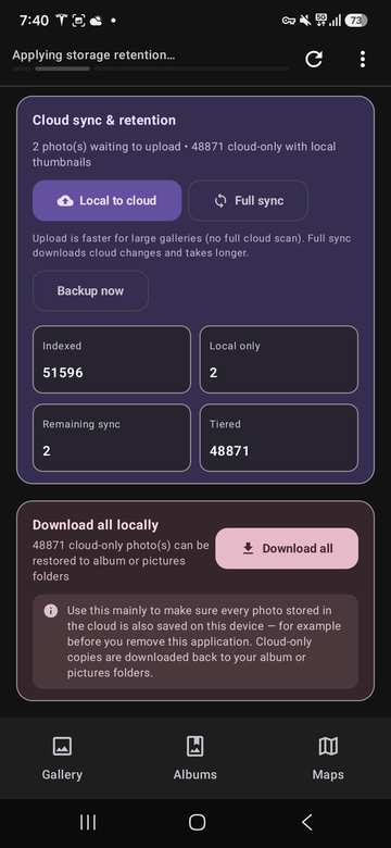 Screenshot: cloud sync and retention